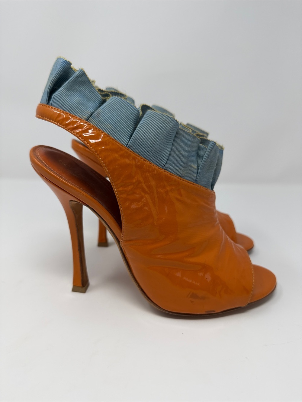 Sergio Rossi Orange Patent Peep-Toe Ruffle Ankle Boots - Picture 4 of 7
